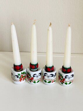 Vintage Four Seasons Design Germany Chickadee Milk Glass Candle Holders Set 4
